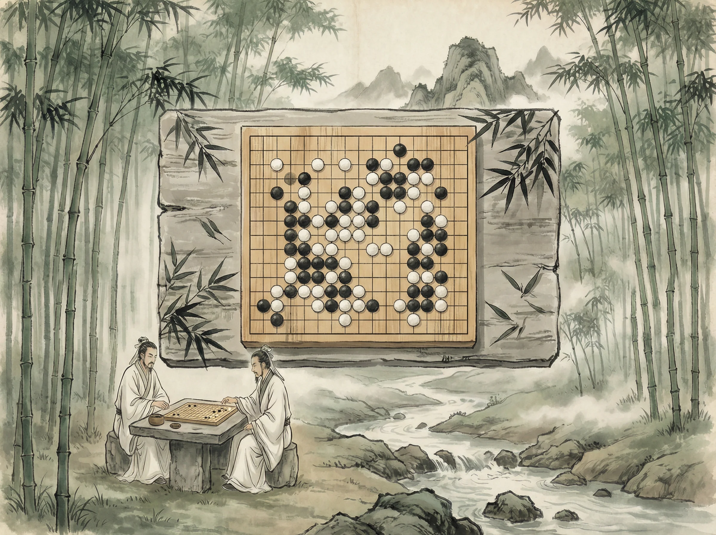 竹林悟道局 开元棋牌 棋盘布局，黑白子对峙