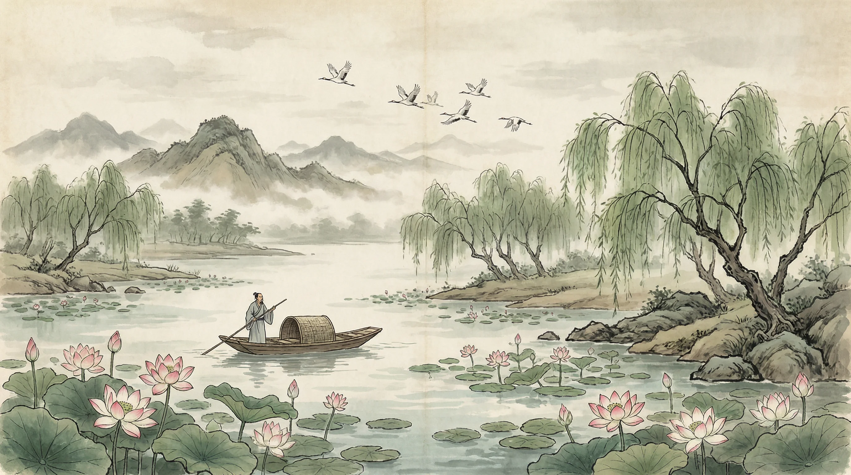 荷塘泛舟水墨画，与 开元棋牌 禅意相映