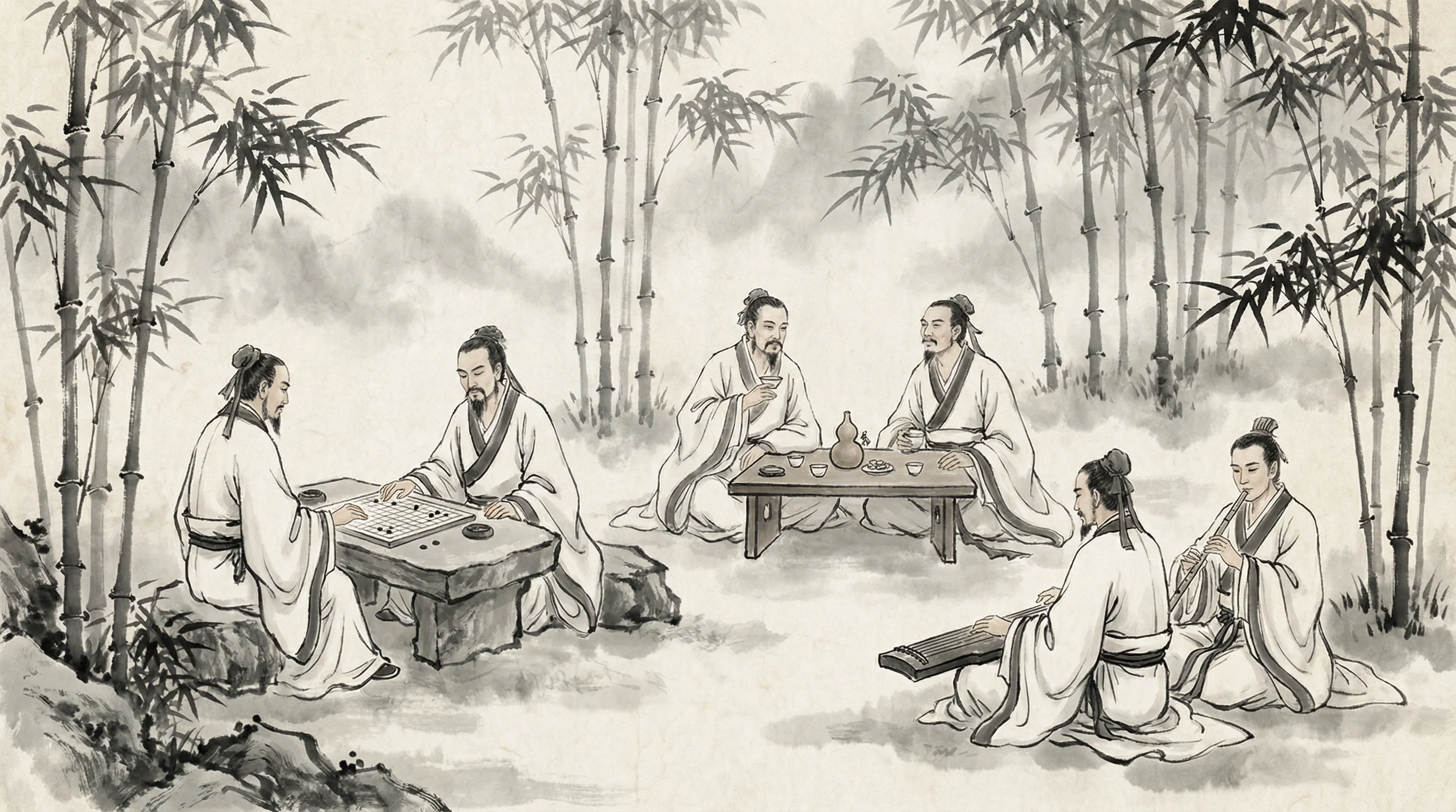 竹林七贤水墨画，隐士以棋会友，共参 开元棋牌 之道