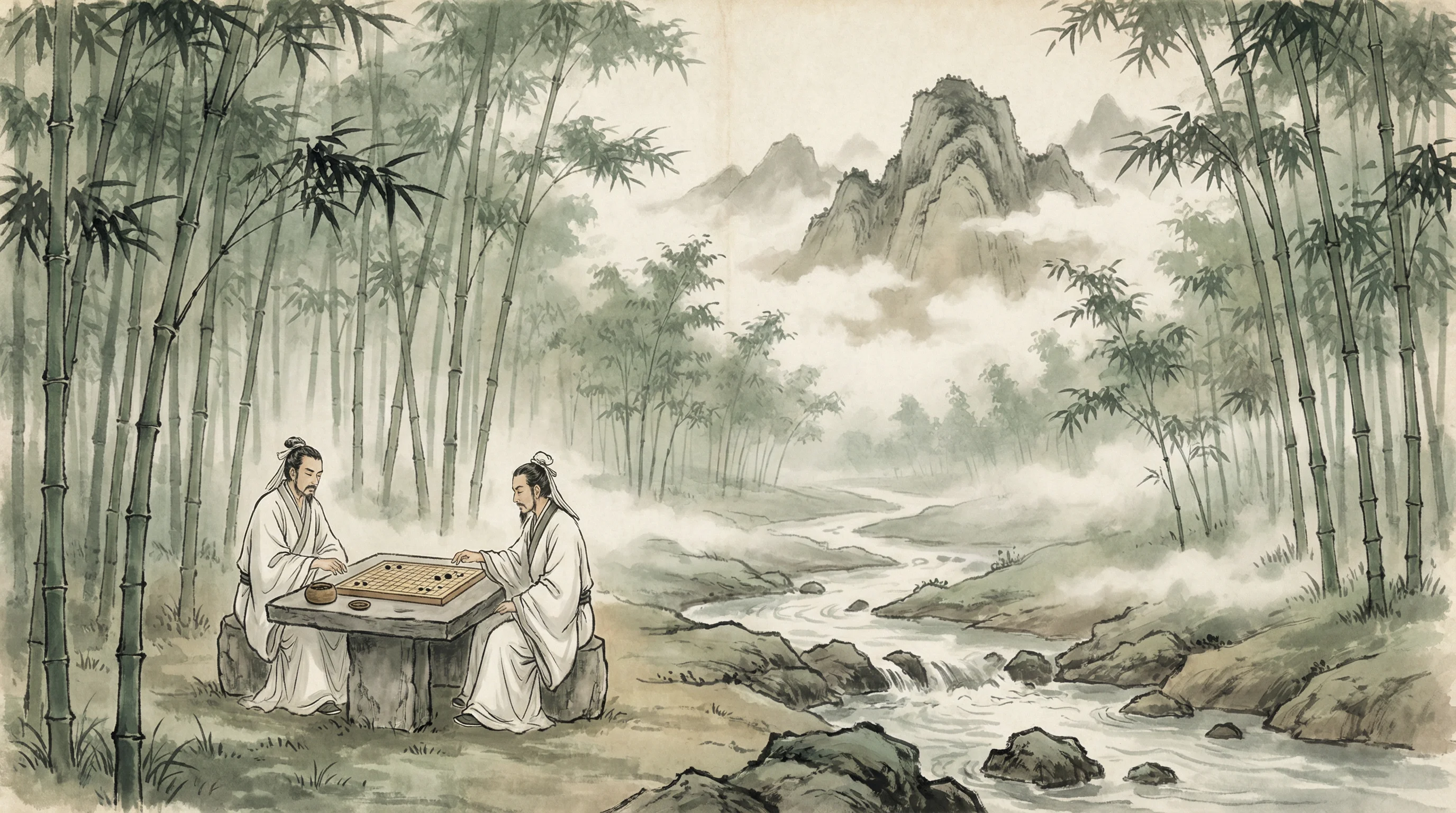 竹林对弈山水画，开元棋牌 棋道风景